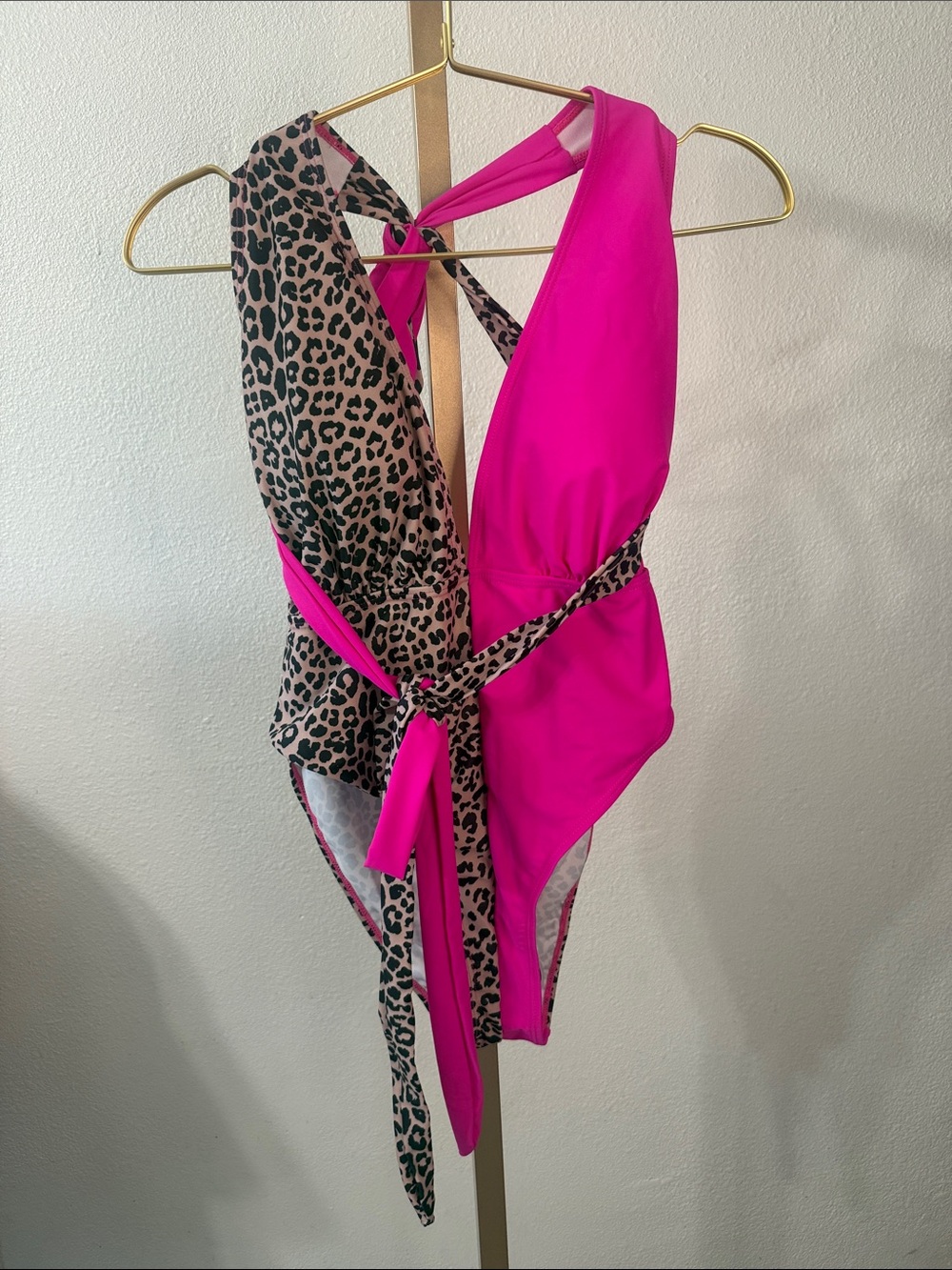 One-Piece Swimsuit - Hot Pink with Leopard Print- high leg- wrap around